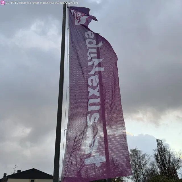 Lila Fahne mit dem Schriftzug „eduNexus.at“ vor bewölktem Himmel.