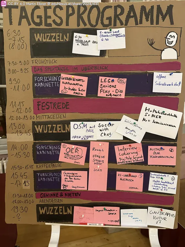 Tagesprogramm auf einer Tafel mit verschiedenen Zeitblöcken und Aktivitäten, beschrieben durch farbige Zettel und Notizen.