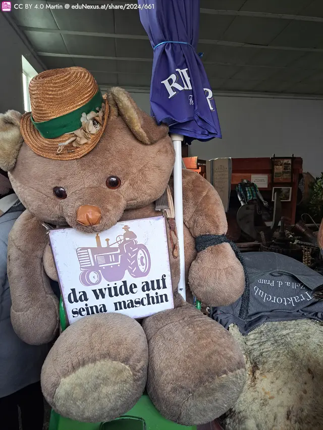 Ein großer, brauner Teddybär mit einem Strohhut sitzt auf einem grünen Stuhl. Er hält ein Schild mit der Aufschrift „da wiide auf seina maschin“. Im Hintergrund sind verschiedene Gegenstände und Möbel zu sehen.