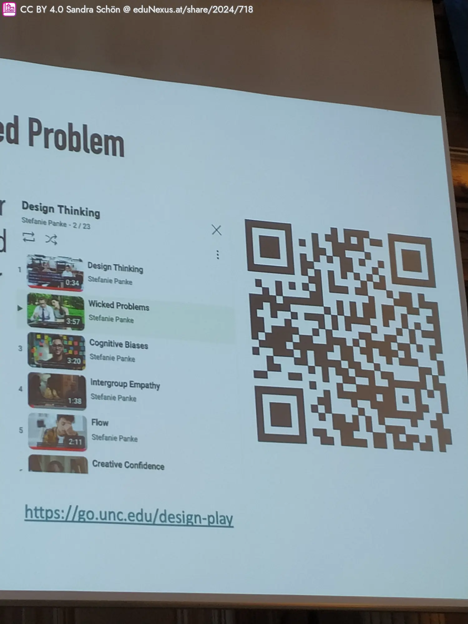 Liste von Videos zum Thema Design Thinking mit Titel „Wicked Problems“, QR-Code und URL.