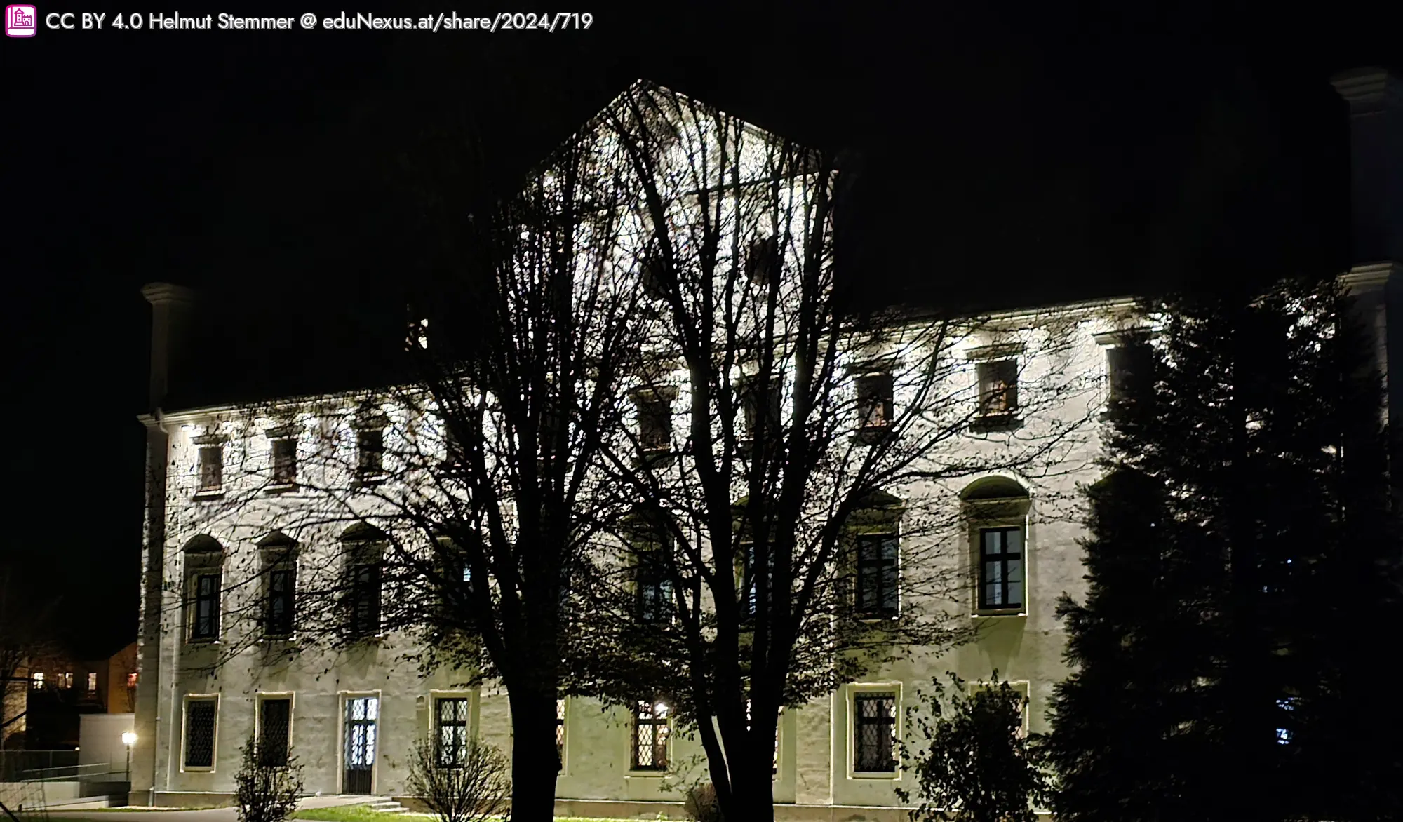 Beleuchtetes Gebäude (Schloss Zell an der Pram) bei Nacht, umgeben von Bäumen und Sträuchern.